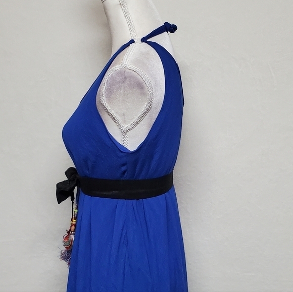 VINTAGE Cobalt Blue Asymmetric Sharkbite Hem V-neck Tie-Waist Gossamer Dress XL - Picture 12 of 16